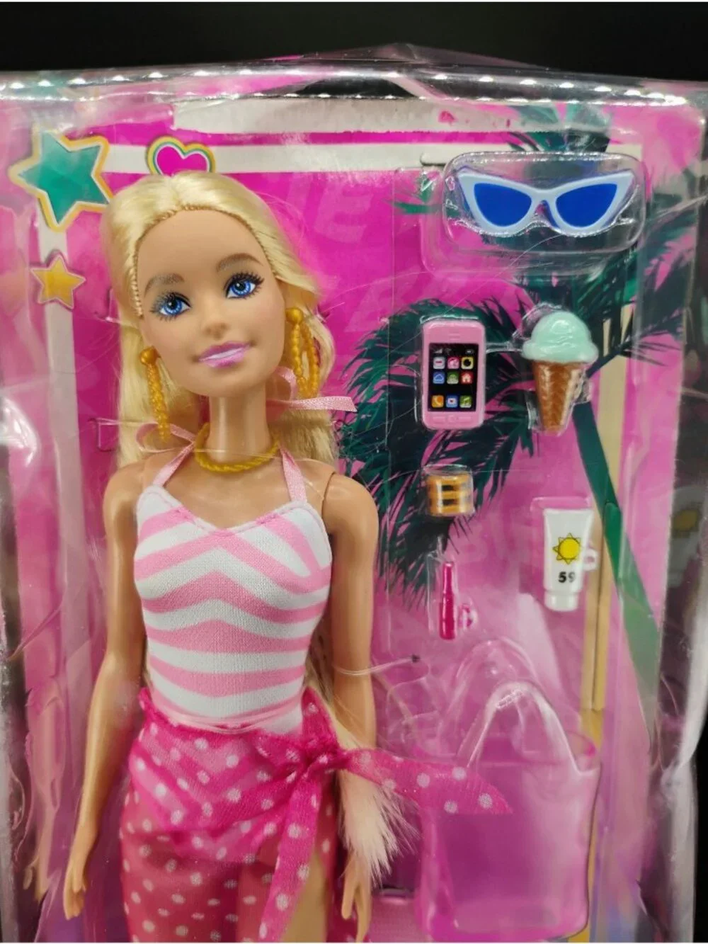 Barbie Beach Day Doll With Accessories Pink Striped Dress Swimwear